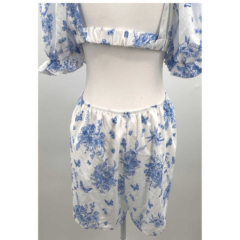 Womens Blue White Floral Cutout Mini Dress Puff Sleeve Cottagecore Boho Dress - Picture 9 of 14